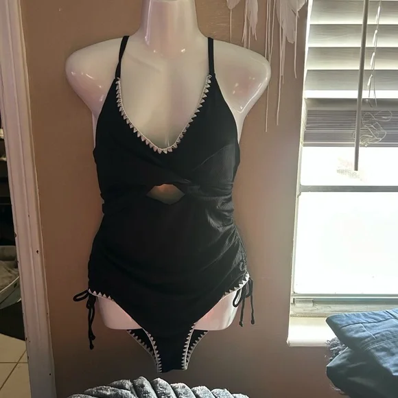 Black One-Piece Swimsuit with White Trim - Picture 1 of 13